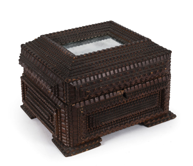 A tramp art box, cedar with mirrored top, circa 1890s, ​19cm high, 30cm wide, 25cm deep