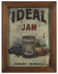 "IDEAL JAM" tin lithograph advertising shop sign, Hobart, Tasmania, 19th century, framed and glazed 48 x 37cm overall
