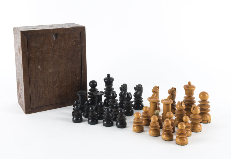 An Australian turned huon pine chess set in timber box, circa 1880, the kings 9.5cm high