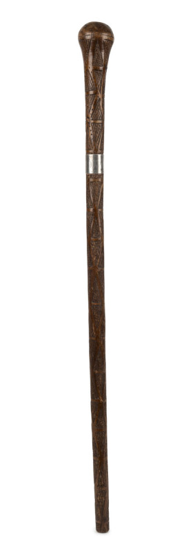 A folk art walking stick possibly Aboriginal with sterling silver collar by WENDT engraved with monogram "B.K.W.", circa 1880s, ​80cm high