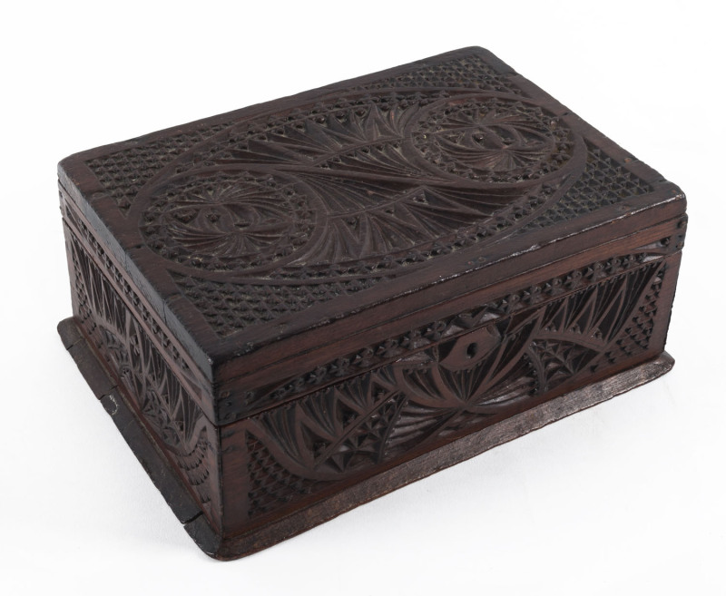 A chip carved jewellery box, Barossa Valley, South Australia, circa 1890, ​11cm high, 26cm wide, 18cm deep