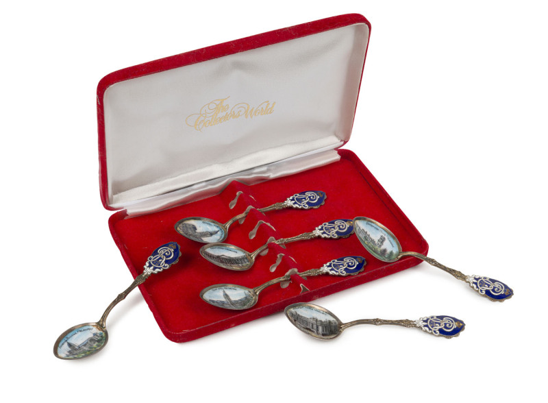 Set of six sterling tea spoons with topographical views of Melbourne in enamel and King Edward VII cypher on the finials, most likely commissioned for the 1901 coronation.