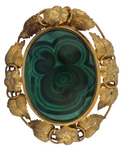 HENRY STEINER 18ct yellow gold brooch set with malachite, circa 1880, stamped "H. St. 18.C", 5cm across, 16 grams total