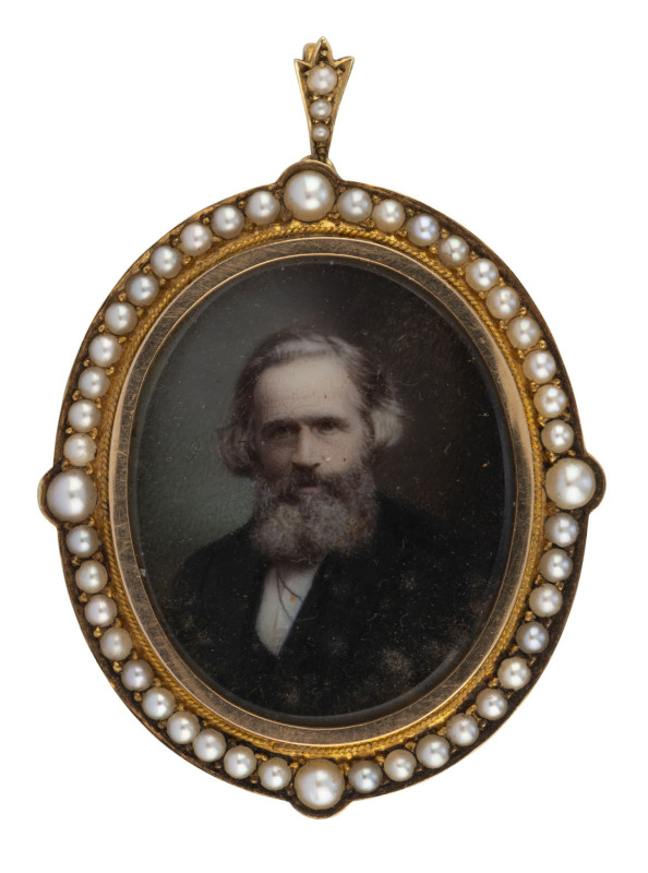 A Colonial miniature portrait painted on glass in 15ct yellow gold mount set with seed pearls, South Australian origin, late 19th century, stamped "15ct", ​5cm high, 21 grams total