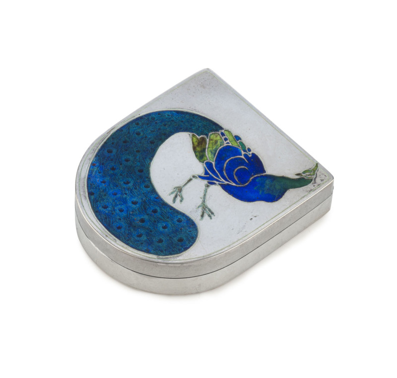 WILLIAM MARK Australian silver box with enamel peacock motif, interior also enamelled and mirrored, 20th century, stamped "W. MARK, Stg. Silver", ​5 x 6 x 1cm