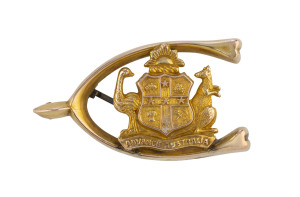 "ADVANCE AUSTRALIA" yellow gold wish bone brooch with coat of arms, late 19th century, pictorial maker's marks illegible 3.5cm long, 2.5 grams