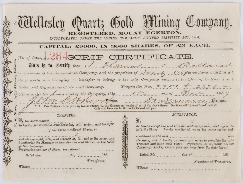 SHARE CERTIFICATE: "Wellesley Quartz Gold Mining Company, Mount Egerton", circa 1869, for Mr J. Thomas of Ballarat. 14 x 19cm