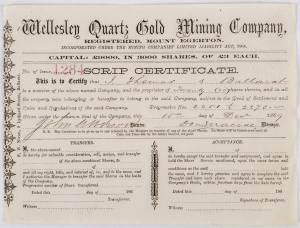 SHARE CERTIFICATE: "Wellesley Quartz Gold Mining Company, Mount Egerton", circa 1869, for Mr J. Thomas of Ballarat. 14 x 19cm