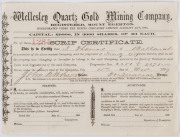 SHARE CERTIFICATE: "Wellesley Quartz Gold Mining Company, Mount Egerton", circa 1869, for Mr J. Thomas of Ballarat. 14 x 19cm