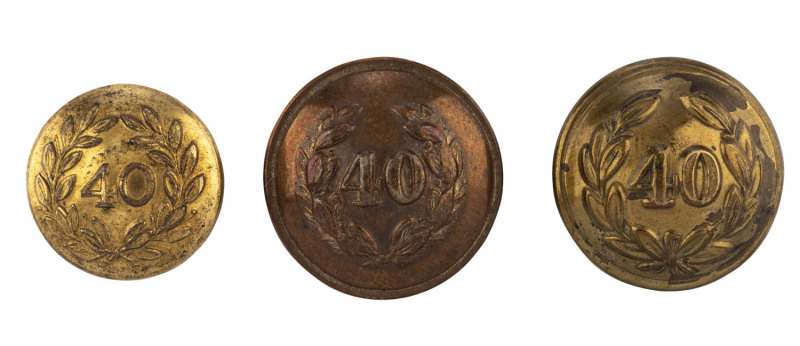 EUREKA STOCKADE: 40th Regiment Of Foot tunic buttons (3), circa 1850s. The 40th Regiment was sent to Ballarat in early December 1854 and brutally supressed the miner's rebellion at the Eureka Stockade on the morning of the 3rd of December 1854. Rare.