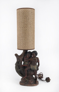 An Australian ceramic table lamp and shade with Aboriginal motif, mid 20th century, ​62cm high