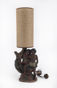An Australian ceramic table lamp and shade with Aboriginal motif, mid 20th century, 62cm high