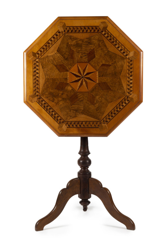 The Scott family Tasmanian tilt top table with exhibition quality inlaid top in Australian native timbers including huon pine, casuarina, musk, blackwood and honeysuckle, circa 1885. Thomas Scott arrived in Van Diemen's Land in 1820 aboard The Skelton, he