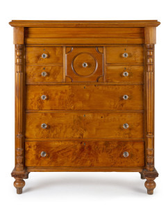 A Victorian eight drawer chest with turned and fluted columns, birdseye huon pine with kauri and red pine secondaries, circa 1880, 140cm high, 119cm wide, 53cm deep