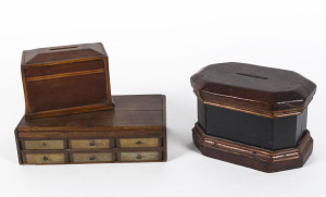 Two Australian timber money boxes and a depression era trinket box made from a cedar cigar box and metal tins, 19th and 20th century, the trinket box 22cm across
