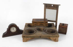 An Australian timber cased clock, miniature washboard, till drawer, jewellery box and cigarette box, 19th and 20th century, the washboard 32cm high