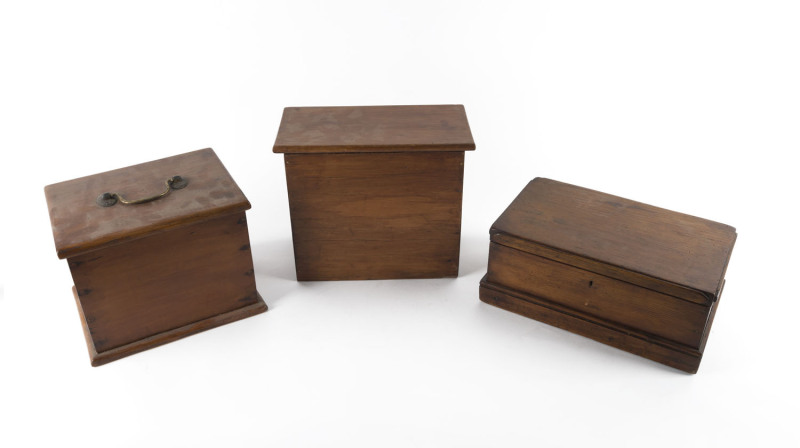 Three Australian timber boxes, kauri and King Billy pine, 19th and 20th century, the larges 34cm across