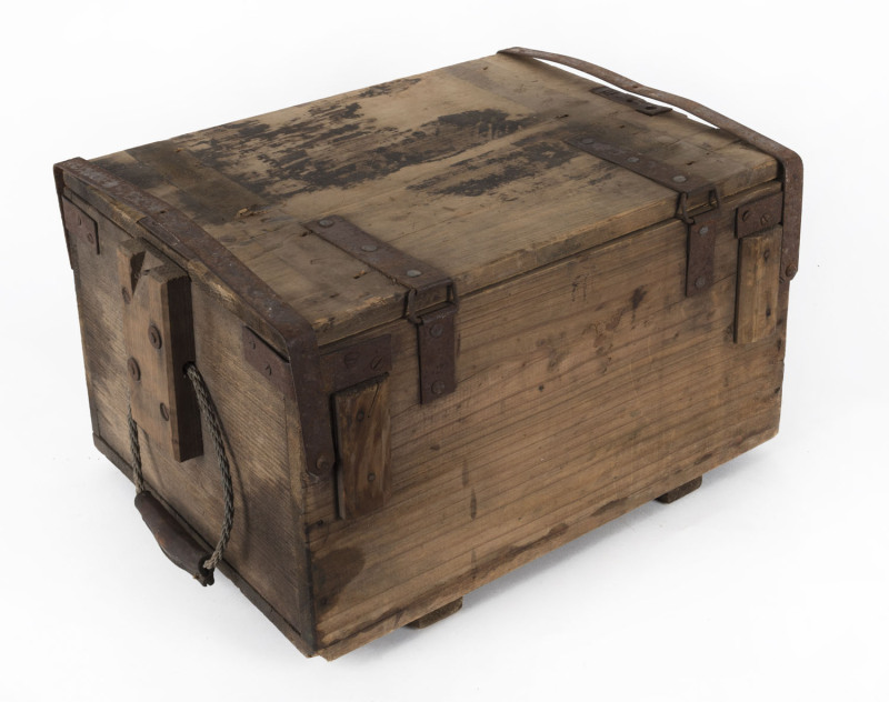WW1 period ammunition box, iron bound timber with rope and leather handles, ​26cm high, 46cm wide, 34cm deep