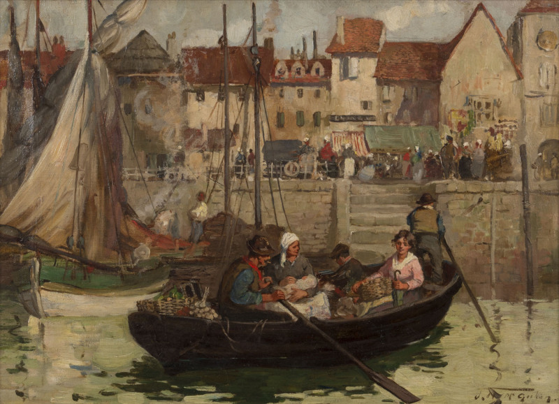 JESSIE McGEEHAN (British. 1872-1961), Ferry On The River Dordogne, oil on canvas, signed lower right "J.M. McGeehan", ​title inscription verso, 41 x 56cm