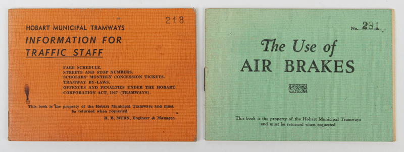 [TASMANIAN TRAMWAYS] "The Use of AIR BRAKES" (Oct.1943) light-green covered booklet issued for the Hobart Municipal Tramways; also, "Information for Traffic Staff" (May 1953) orange-covered booklet with details of fares, sections, concession tickets, by-l