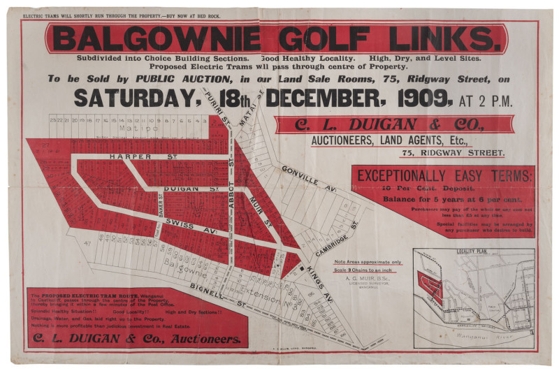 [NEW ZEALAND REAL ESTATE] "BALGOWNIE GOLF LINKS. Subdivided into choice building sections. Good healthy locality...To be sold by Public Auction.....18th December, 1909..." 51 x 76cm