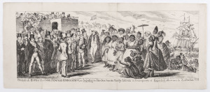 GEORGE CRUIKSHANK (1792 - 1878), "Probable effects of over female emigration, or Importing the Fair Sex from the Savage Islands in Consequence of Exporting all our own to Australia!!!!" etching, 16.5 x 39cm. Originally published in The Comic Almanack and 