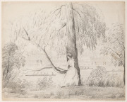 CHARLES FORREST, Lieutenant (1809 - 1874), An untitled pencil drawing depicting a scene on the Yarra River, Melbourne, circa 1870. A leaf from an artist's sketchbook, 23 x 28.5cm, unsigned; verso of leaf with an unfinished sketch of early settlers and hut