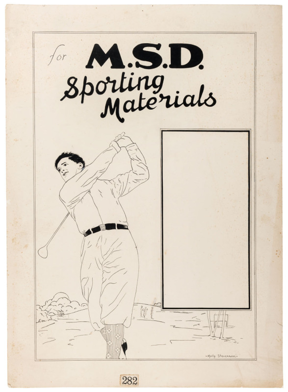 [SPORT - GOLFING] Molly Stevenson "for M.S.D. Sporting Materials", c1920s pen & ink original artwork on card, 60 x 43cm Appears to be a preliminary design for an advertisement or poster for the Melbourne Sports Depot at 55-57 Elizabeth St.