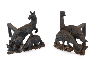 A pair of Australian fauna andirons with kangaroo and emu, cast iron, circa 1885, 32cm high