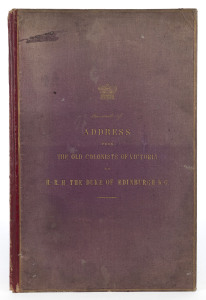[VICTORIA] Fac-simile of ADDRESS from THE OLD COLONISTS OF VICTORIA to H.R.H. THE DUKE OF EDINBURGH K.G. [Melbourne; E. Whitehead & Co., c1870] Folio, original quarter red morocco over purple cloth with gilt embossed crown, lettering and double-ruled bord