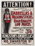 [POSTER; MELBOURNE] Kingston’s Umbrellas : best of all for wear. 105 Swanston St. Opp. Town Hall Porch. Attention! Manufacturers & Importers of Umbrellas & Walking Sticks. High Quality. Low Prices. Umbrellas Recovered. Excellent Wear. From 3/6. ​Chrom