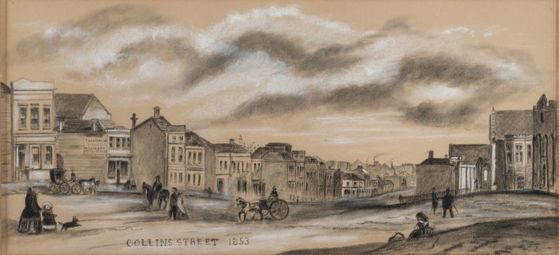 ARTIST UNKNOWN (Australian, 19th century), I.) Collins Street 1853, II.) Yarra Yarra Below Princes Bridge, pastel on paper, titled in the lower margins, 23 x 48cm