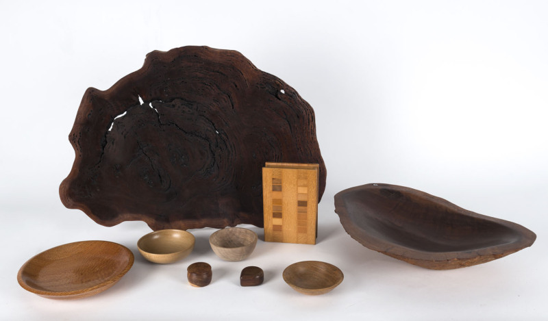 Australian and New Zealand timber bowls and boxes, 20th century, the largest 52cm across