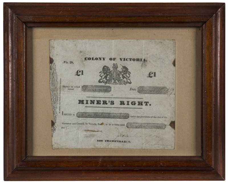 MINER'S RIGHT Colony Of Victoria £1, Buninyong, August 11th, 1857, made out to John Aute Marshall, rare and early vellum issue No.28. Housed in a period cedar frame. 19 x 22cm