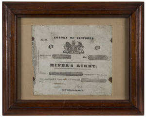 MINER'S RIGHT Colony Of Victoria £1, Buninyong, August 11th, 1857, made out to John Aute Marshall, rare and early vellum issue No.28. Housed in a period cedar frame. 19 x 22cm