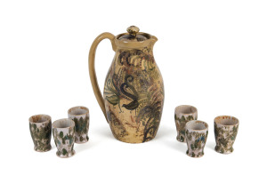ARTHUR MERRIC BOYD & NEIL DOUGLAS Australian pottery lyrebird jug with set of six beakers, signed "Arthur Merric Boyd", 29cm high