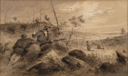 SAMUEL THOMAS GILL (1818 - 1880), Stalking Kangaroos, 1854, Monochrome watercolour on paper, signed with initials lower left, 13.5 x 22cm.