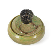 MERRIC BOYD rare pottery lidded circular box with applied quandong seed, leaves and branch, incised "Merric Boyd, 1935", 7cm high, 9cm diameter