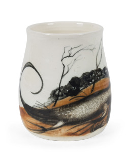 ARTHUR MERRIC BOYD pottery vase with finely painted goanna in landscape. Potted by Boyd, the decoration has often be attributed to PETER HERBST who help set up the Murrumbeena Pottery along with John Perceval and Arthur Merric Boyd. Works by Herbst are extremely rare and only a few known pieces survive. incised "Arthur Merric Boyd", 11.5cm high
