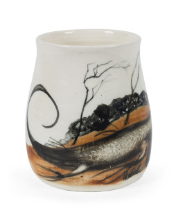ARTHUR MERRIC BOYD pottery vase with finely painted goanna in landscape. Potted by Boyd, the decoration has often be attributed to PETER HERBST who help set up the Murrumbeena Pottery along with John Perceval and Arthur Merric Boyd. Works by Herbst are ex