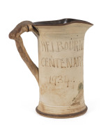 REMUED "Cook's Cottage, Melbourne Centenary, 1934" pottery jug, rare, incised "Remued", ​17cm high - 2