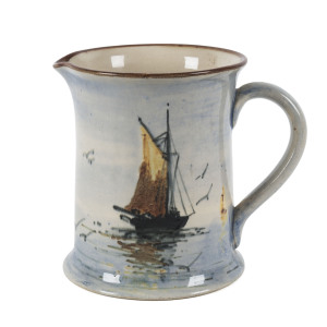 REG HAWKINS, P.P.P. (Premier Pottery Preston) pottery jug with painted boating scene, signed "R. HAWKINS" with "PPP" stamp, ​14.5cm high