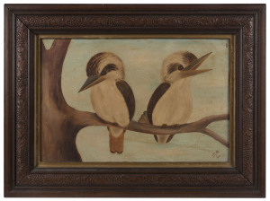 ARTIST UNKNOWN, Two kookaburras, oil on board, signed "M.T. 1916", ​30 x 47cm