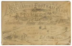 THE CHANGI PRISON AUSTRALIAN RULES ASSOCIATION PREMIERSHIP TROPHY PLAQUE, 1942 the hand-lettered and illustrated cardboard trophy laid down on metal backing and with a later plastic protector, inscribed in pencil "RICHMOND FOOTBALL CLUB, PREMIERS, 1942, Australian Rules Association, P.O.W. CAMP CHANGI, Coach: Horgan, D., Trainer: G. Brown, Pres: A. Bush, Capt: P. MacKinlay, Vice Capt: R. Small, Secretary: B.C. Wootten, Treasurer: H. Hollioak, Presented to P.J. Campbell.