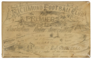 THE CHANGI PRISON AUSTRALIAN RULES ASSOCIATION PREMIERSHIP TROPHY PLAQUE, 1942 the hand-lettered and illustrated cardboard trophy laid down on metal backing and with a later plastic protector, inscribed in pencil "RICHMOND FOOTBALL CLUB, PREMIERS, 1942, A