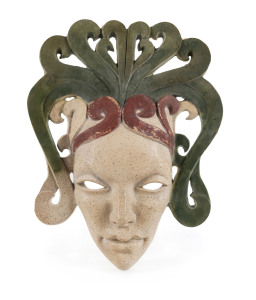 OLA COHN Australian pottery face mask with painted finish, mid 20th century, incised "O. C. 1938", 30cm high