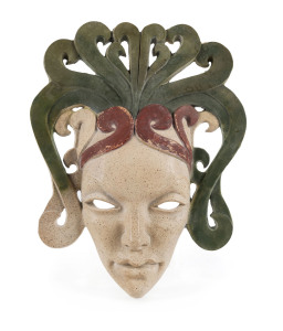 OLA COHN Australian pottery face mask with painted finish, mid 20th century, ​incised "O. C. 1938", 30cm high