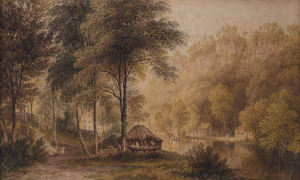 JOHN GLOVER (1767 - 1849), New Settlement - Van Diemens Land, watercolour, 13 x 20.5cm. PROVENANCE: Exhibited at Gould Galleries, Melbourne, March 1982. Catalogue Note: "This painting has been in the possession of one English family since purchase in ear