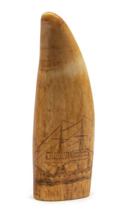 A scrimshaw whale's tooth, with two mast ship flying a British ensign, 19th century, 14.5cm high PROVENANCE: The Berry Collection, Young's Auctions, lot 128, Aug. 2008 (sold for $4200 hammer)