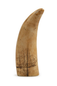 A scrimshaw whale's tooth, with three masted tallship , 19th century, 14.5cm high PROVENANCE: The Berry Collection, Young's Auctions, lot 127, Aug. 2008 (sold for $2800 hammer)